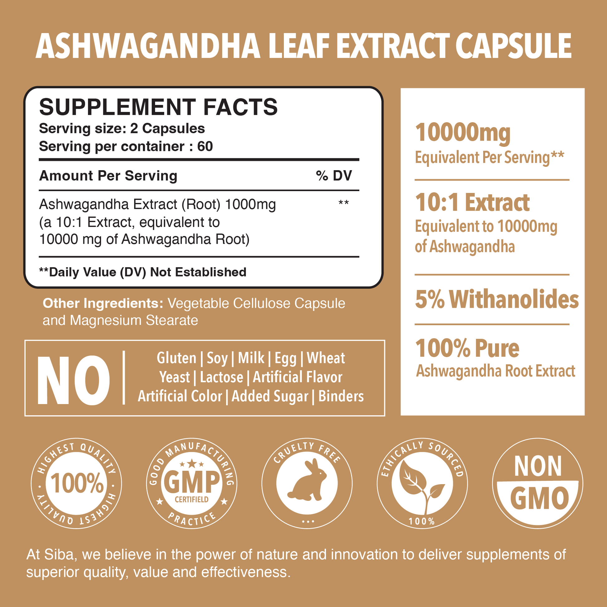 Supplement facts label for Ashwagandha leaf extract capsules on a brown background