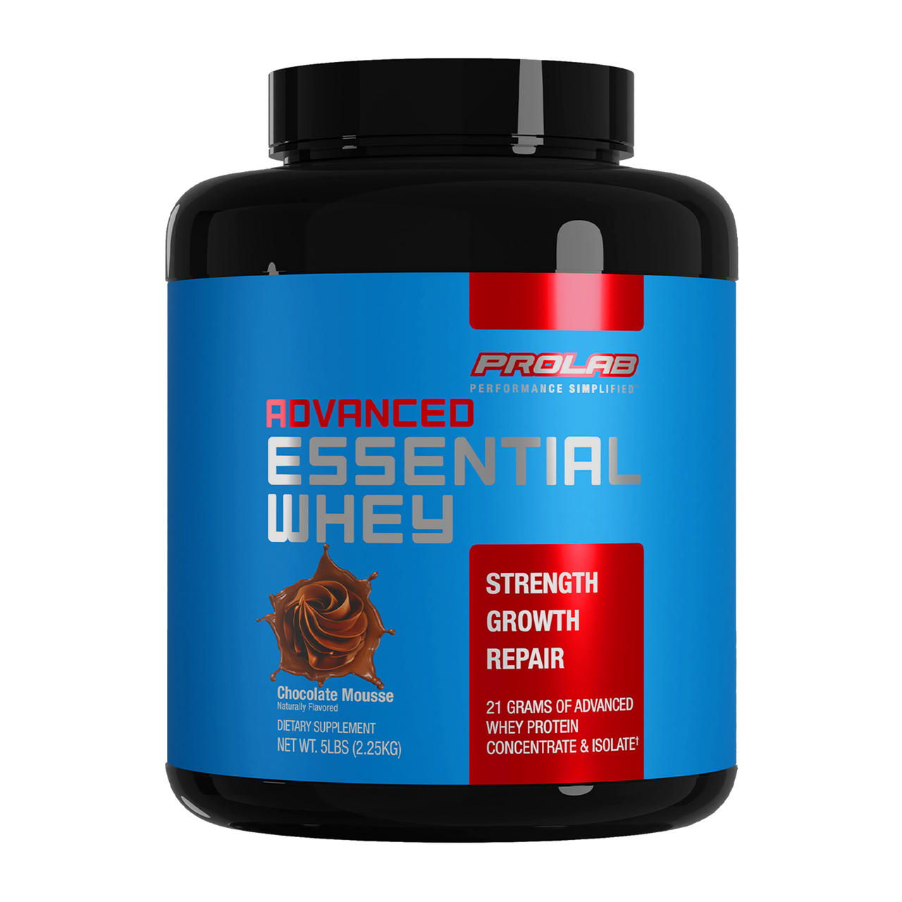 A black plastic tub of ProLab Advanced Essential Whey in Chocolate Mousse flavor, featuring a bright blue label with red and silver text and graphics.