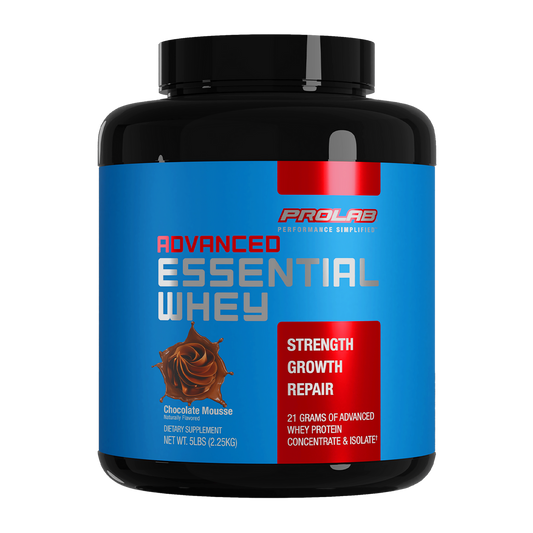 A black plastic tub of ProLab Advanced Essential Whey in Chocolate Mousse flavor, featuring a bright blue label with red and silver text and graphics.