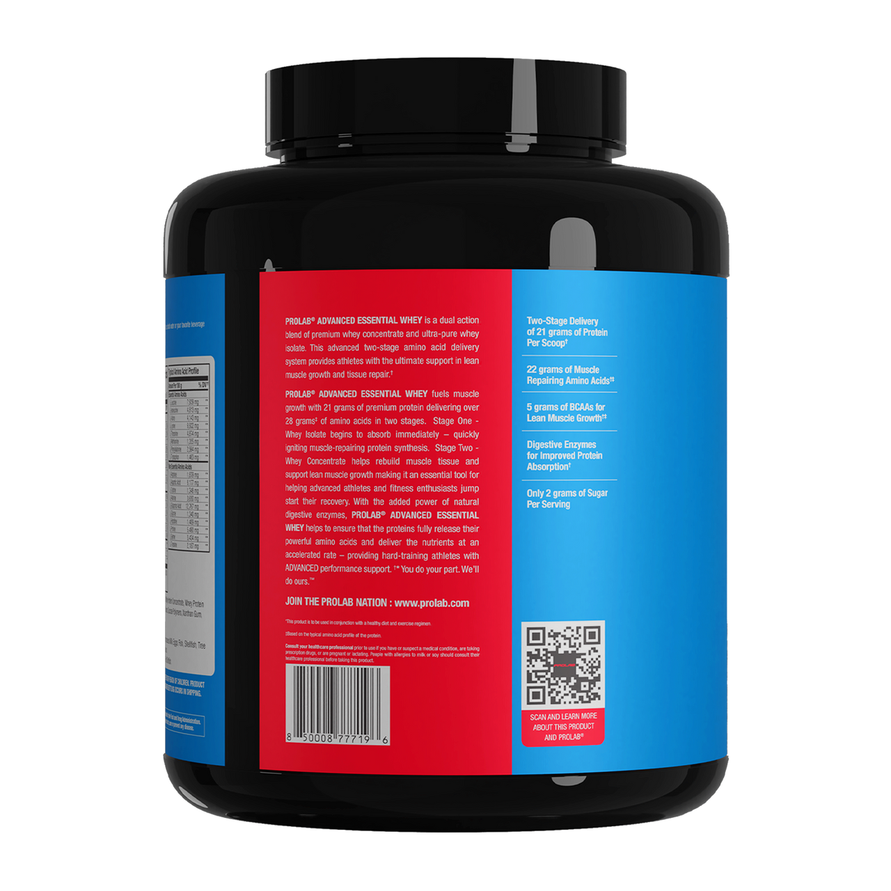 A black plastic tub of Philip Advanced Essential Whey protein powder, shown from the back to display the label. The label features a bright red left section with white text, a blue right section with blue text and a QR code, and a black cap.