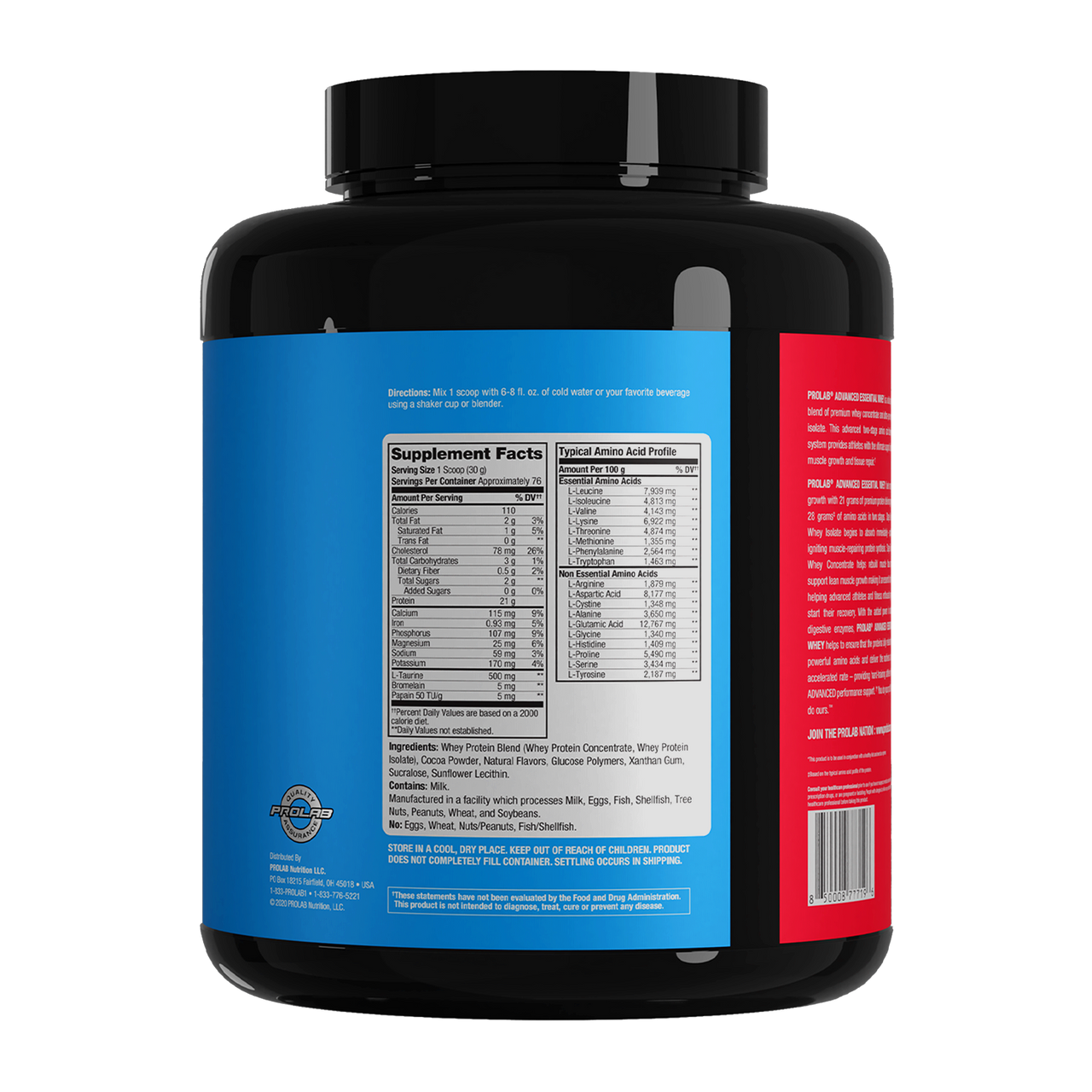 A black plastic tub of protein powder shown from the back, featuring a bright blue label with Supplement Facts and a red side panel with product information.