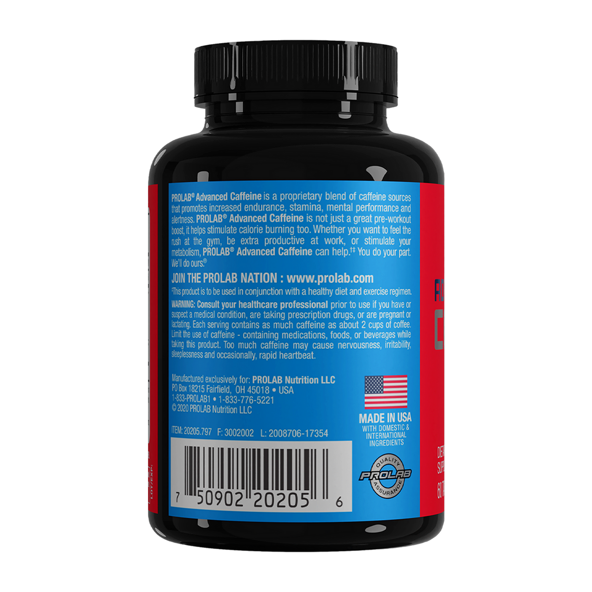 Back view of a black supplement bottle with a black cap, showing the back label of Prolab Advanced Caffeine. The label features a black top section, a blue middle section with white text, a red bottom section, a barcode, and a small American flag with 'Made in USA' and a Prolab logo.