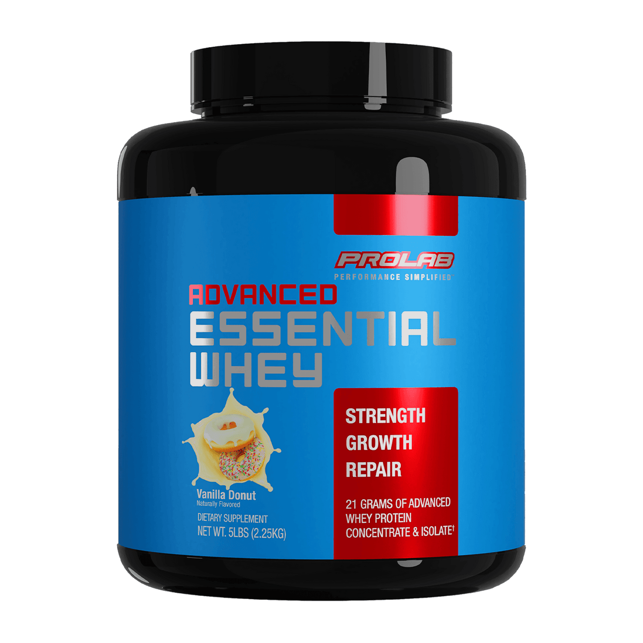 A black plastic tub of PROLAB Advanced Essential Whey Vanilla Gourmet on a solid dark green background.