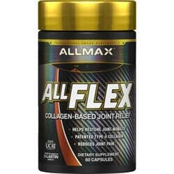 A bottle of Allmax Allflex collagen-based joint relief dietary supplement capsules, featuring a black label with a gold cap and white text.