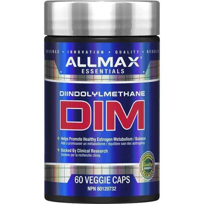 A bottle of All Max Essentials DIM (Diindolylmethane) veggie capsules, 60 count, with a metallic blue and silver label and a silver cap.