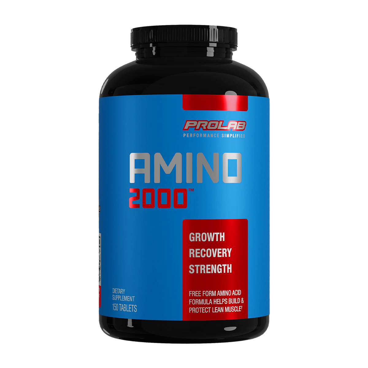 A black plastic bottle of Prolab Amino 2000 dietary supplement with a bright blue label and red and white text, set against a plain white background.