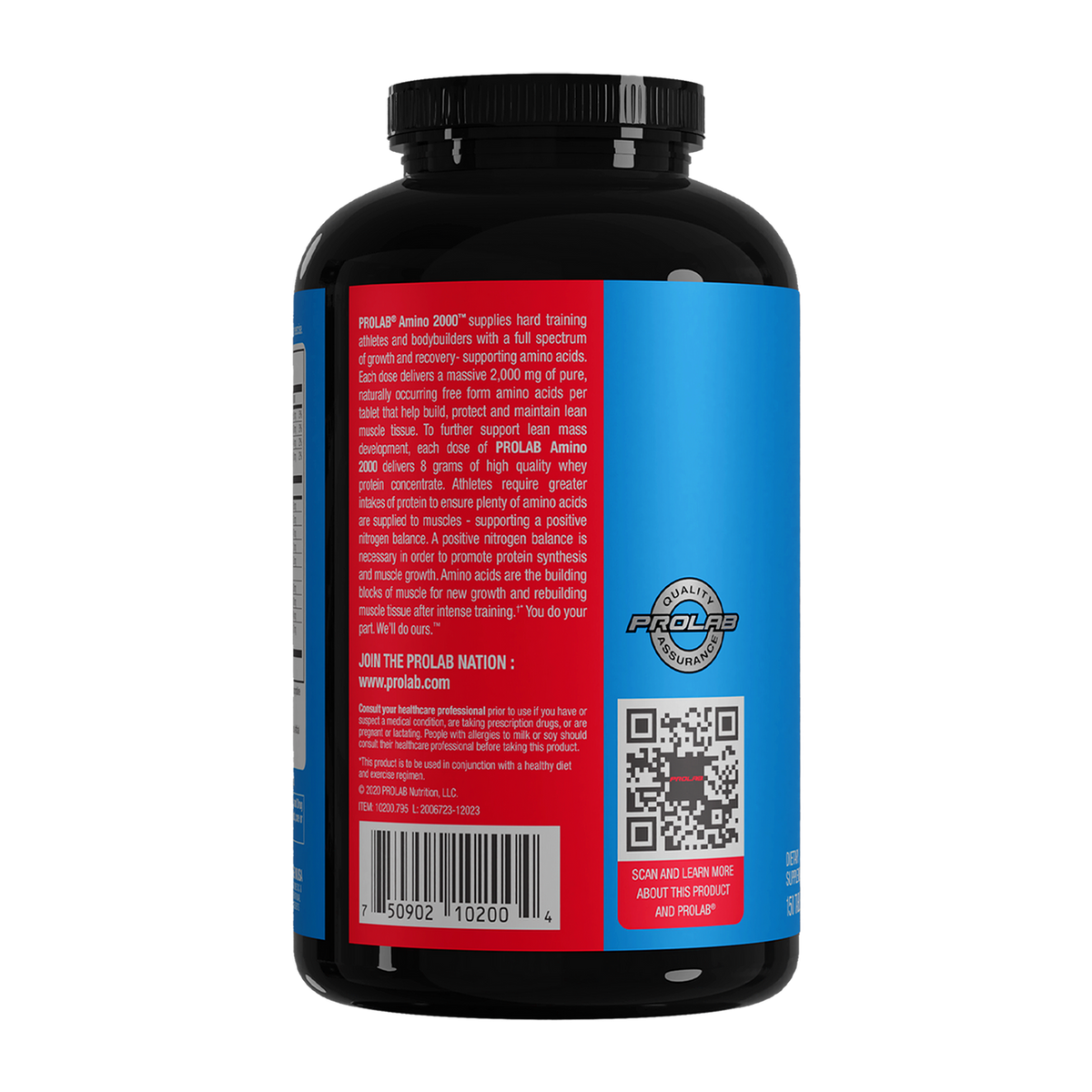 A black plastic bottle of ProLabs Arena 2000 dietary supplement, showing the back label with a red and blue design, barcode, and QR code on a white background.