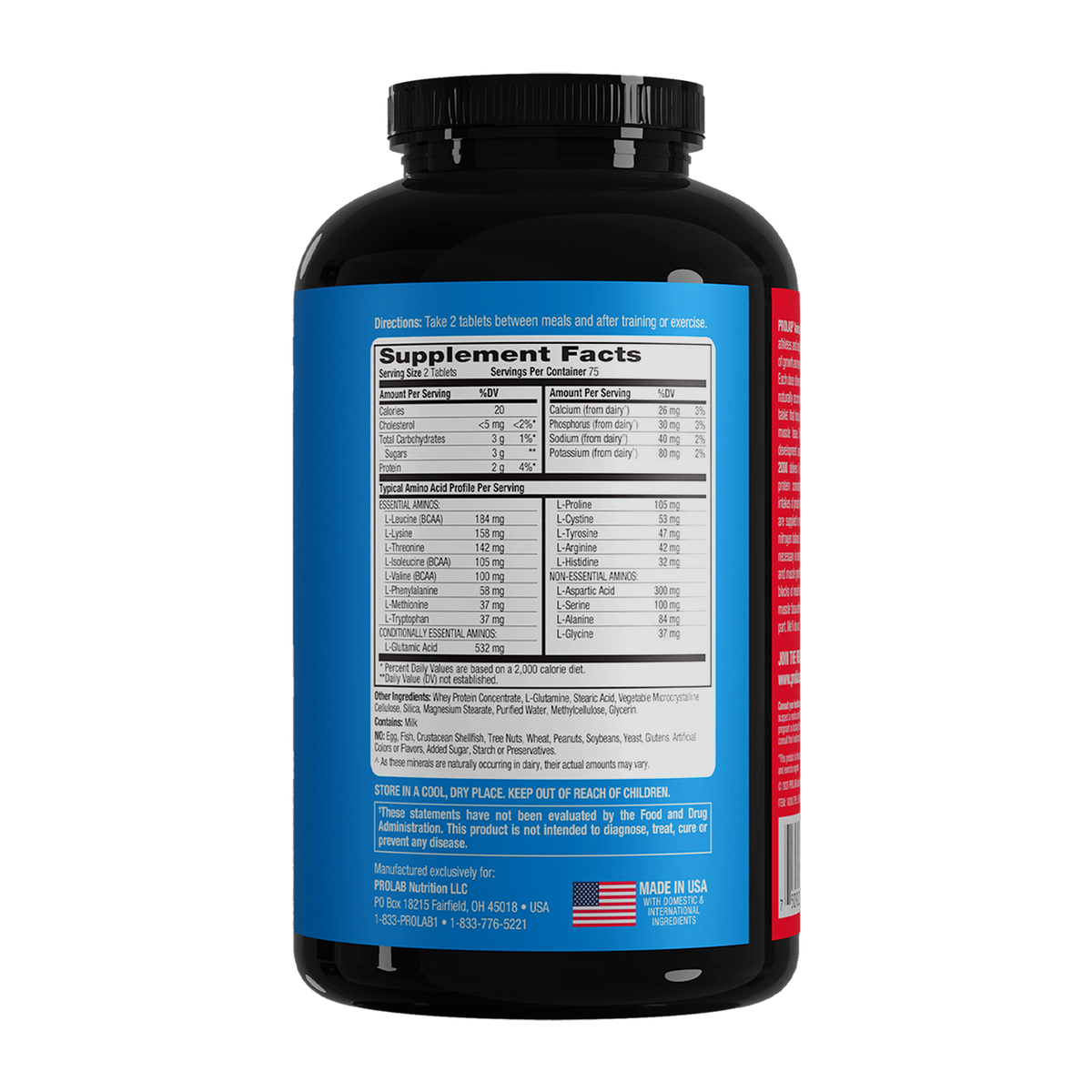 Back view of a black plastic supplement bottle with a blue label showing the Supplement Facts panel, on a white background.