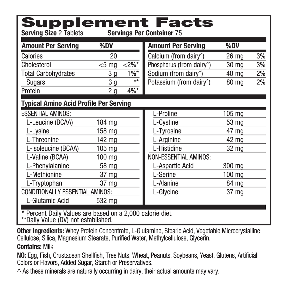 A black-and-white Supplement Facts label showing nutrition information and a typical amino acid profile for a dietary supplement, with serving size 2 tablets and 75 servings per container.