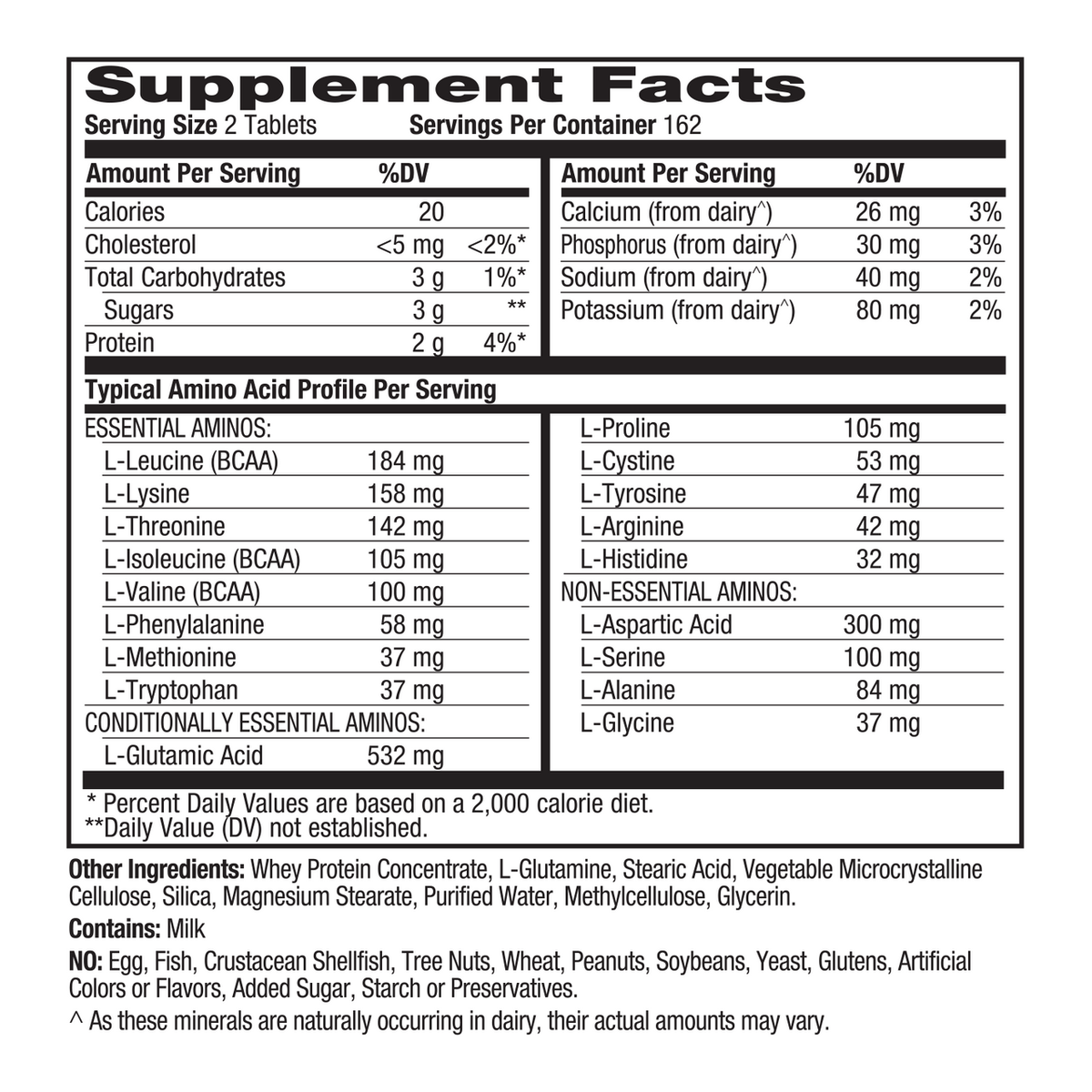 A close-up of a supplement facts label showing serving size 2 tablets, daily value percentages, typical amino acid profile, and other ingredients text on a white background.