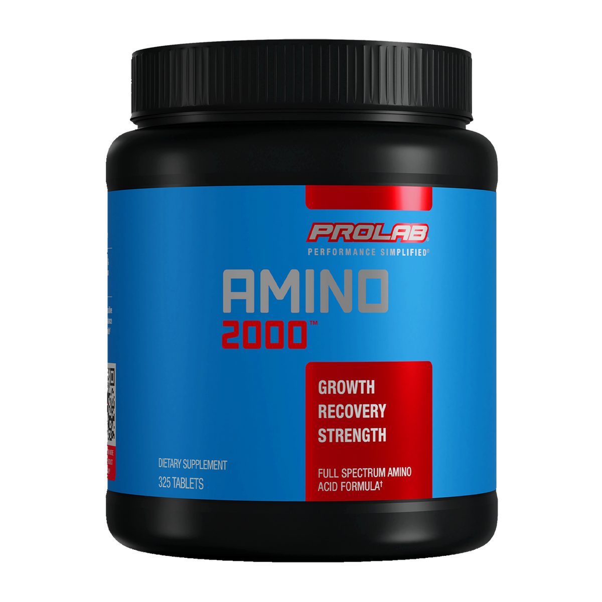 A black plastic bottle of ProLab Amino 2000 dietary supplement with a bright blue and red label, shown on a plain white background.