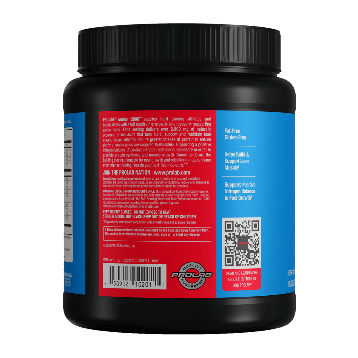 A black plastic supplement tub with a ribbed black lid, showing the back label. The label features a bright blue right section with white text, a red left section with fine print and a barcode, and a QR code on the right.