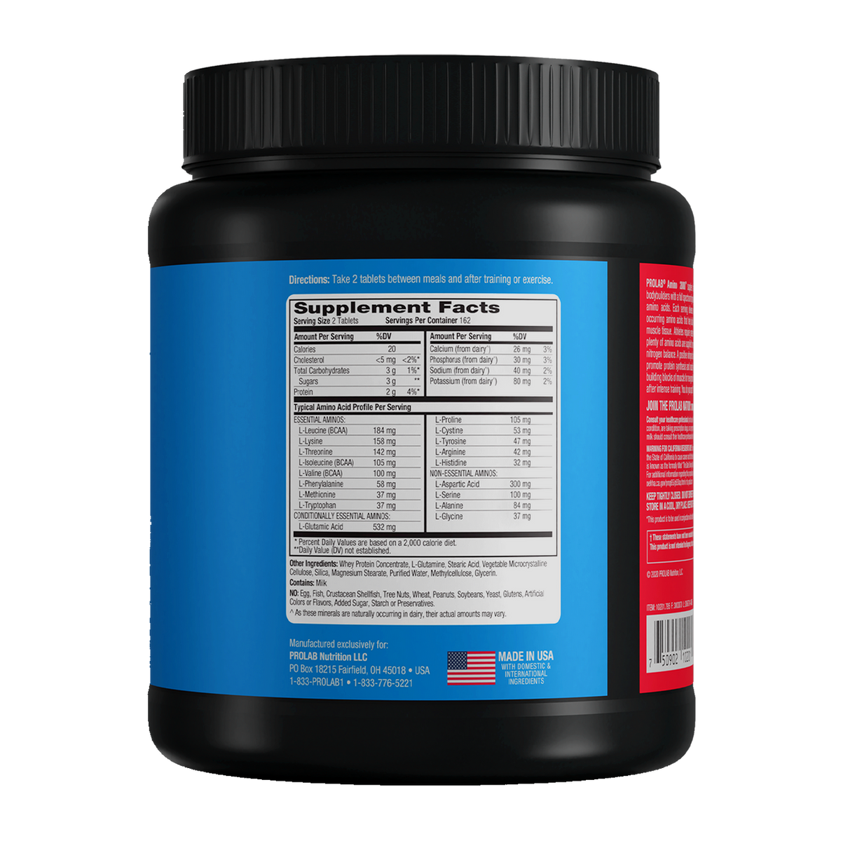 A black plastic tub of supplement powder shown from the back, featuring a blue label with a white Supplement Facts panel and a red side panel, on a white background.