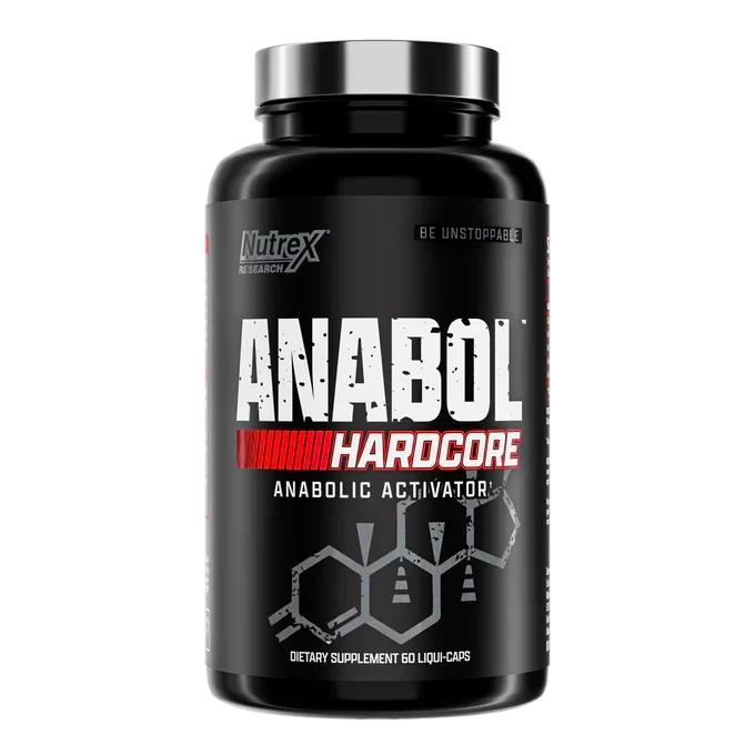 A black plastic bottle of Nutrex Research Anabol Hardcore dietary supplement with a metallic silver cap, shown on a plain white background.