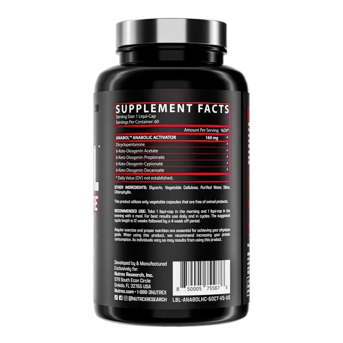 A black plastic bottle of dietary supplements shown from the back, featuring a black label with white and red text, a silver cap, and a barcode at the bottom.