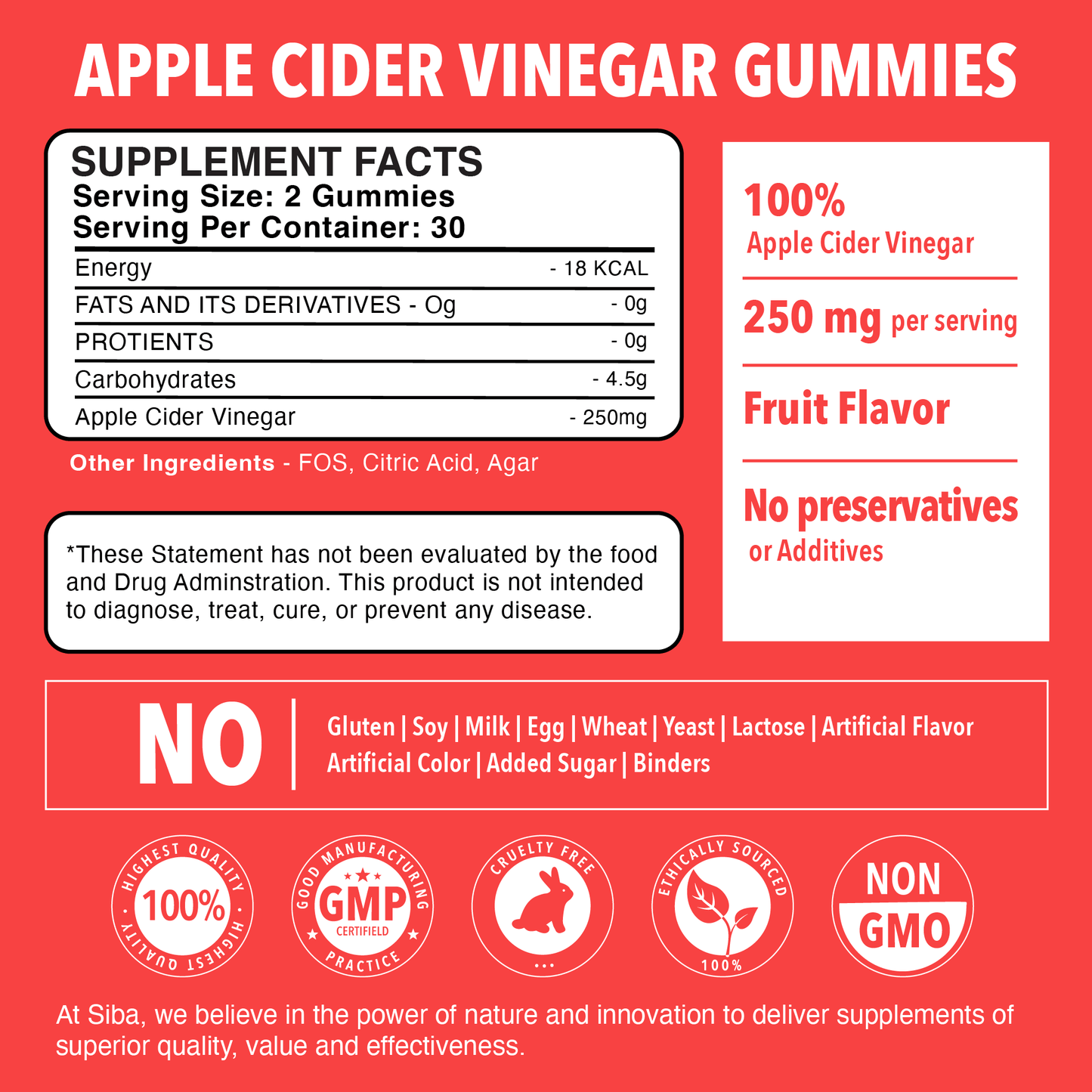 Apple cider vinegar gummies supplement facts label on a red background