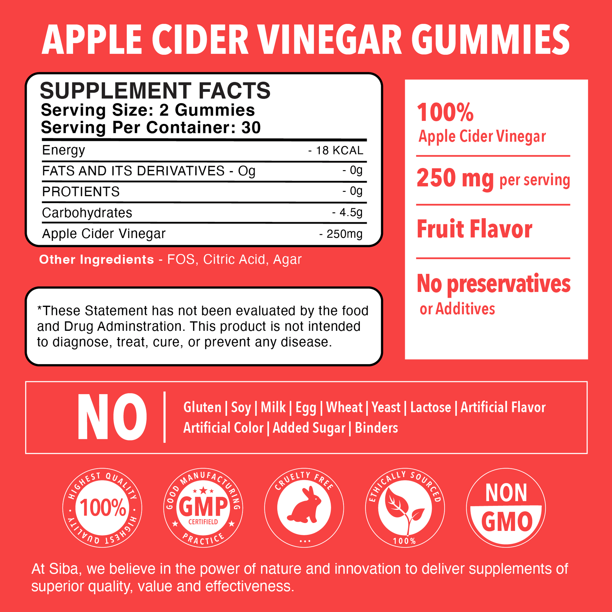 Apple cider vinegar gummies supplement facts label on a red background