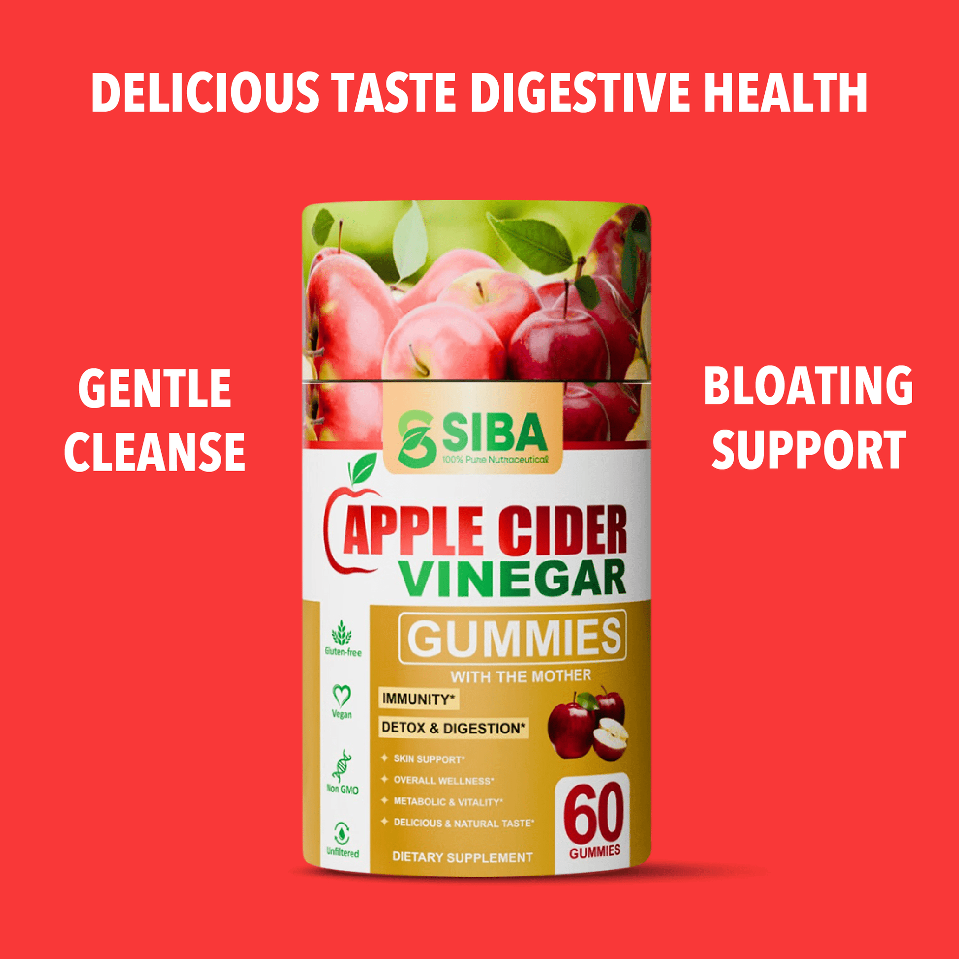 SIBA Apple Cider Vinegar Gummies packaging on a red background with text about health benefits.