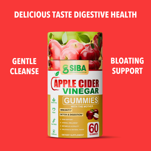SIBA Apple Cider Vinegar Gummies packaging on a red background with text about health benefits.