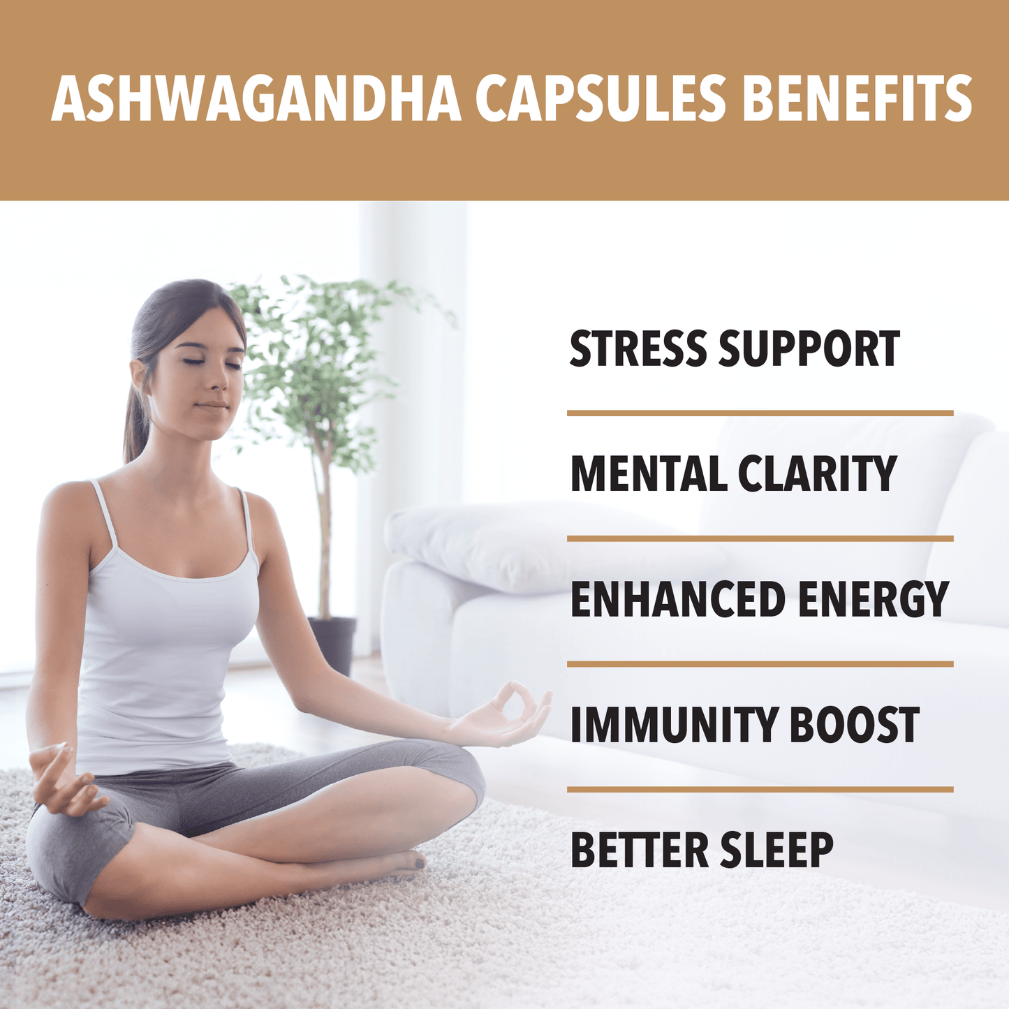 Woman meditating with Ashwagandha capsules benefits listed on a white background