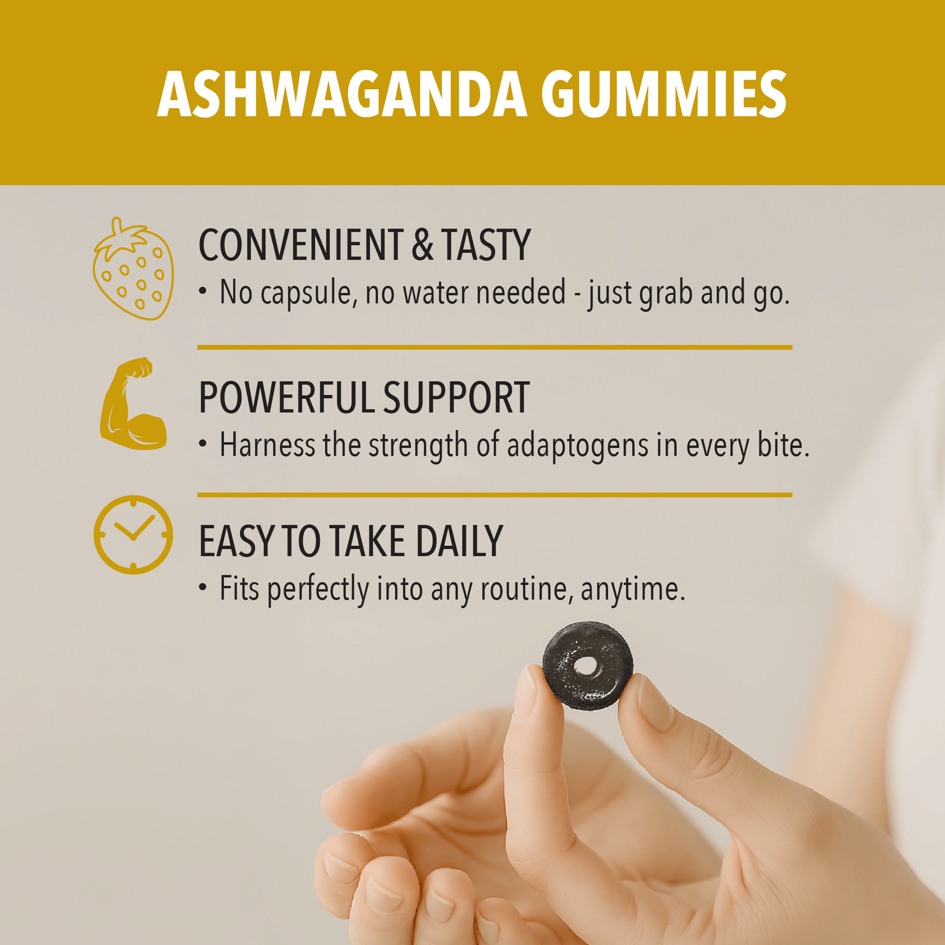 Promotional graphic for Ashwaganda gummies with text and a hand holding a gummy.