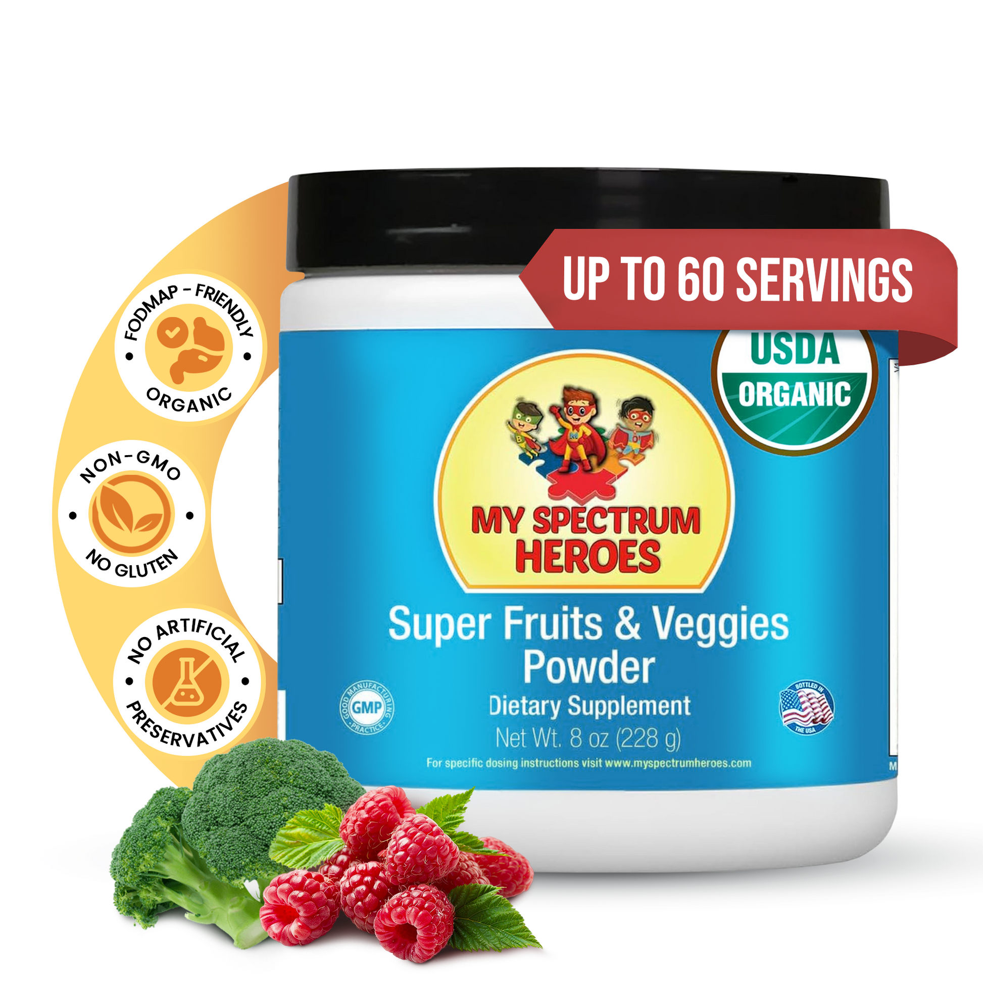 My Spectrum Heroes Super Fruits & Veggies Powder container with ingredients and branding details on a white background