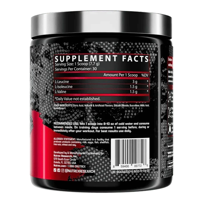 A black tub of NutriResearch supplement powder with a silver lid, showing the Supplement Facts label on a white background.