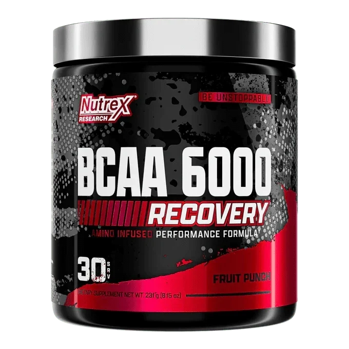 A tub of Nutrex Research BCAA 6000 Recovery performance formula in Fruit Punch flavor, featuring a black and red label with a silver lid on a white background.