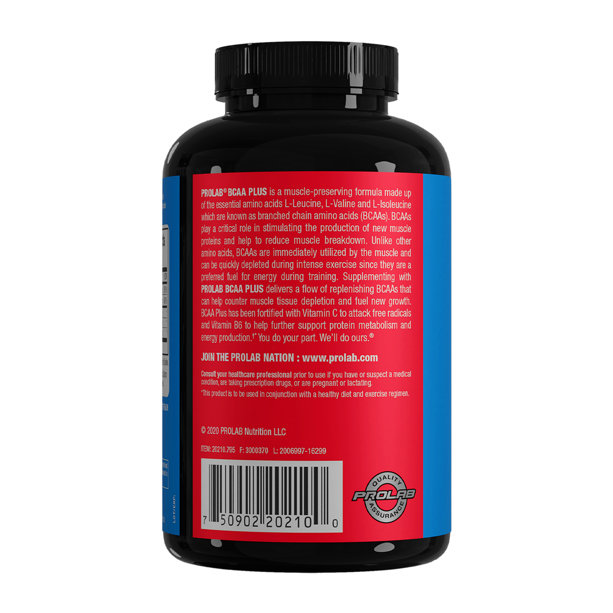 Back view of a black plastic bottle of Prolab 6000 Kalar Plus dietary supplement, showing the red and blue label with text and a barcode.