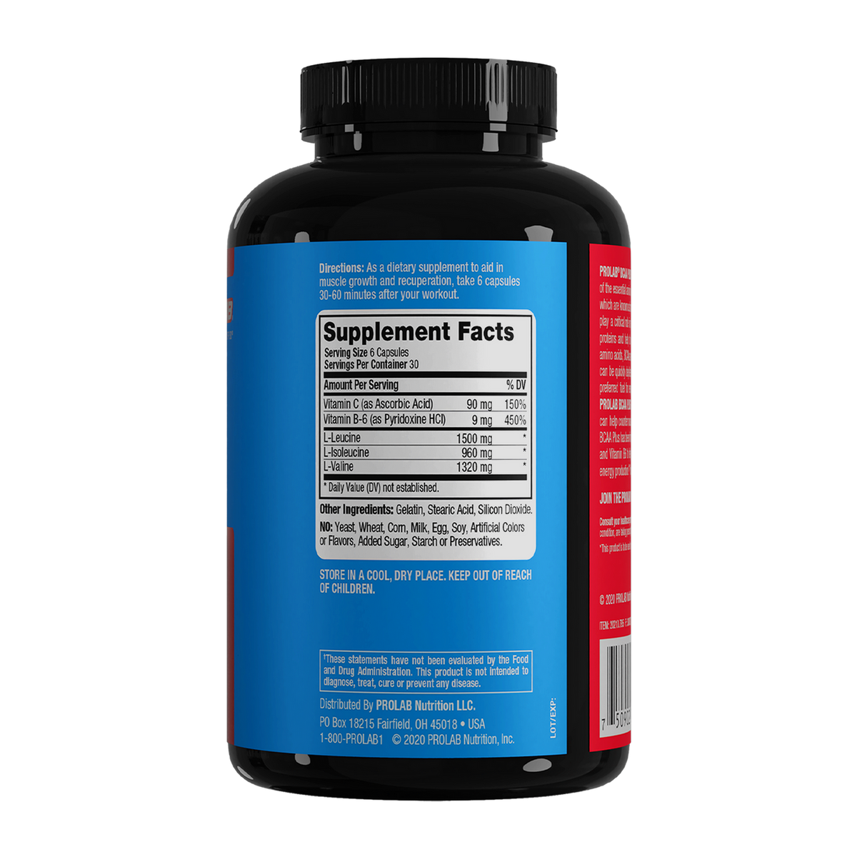 A black plastic bottle of dietary supplements shown from the back, featuring a bright blue label with white text and a black cap, on a plain white background.