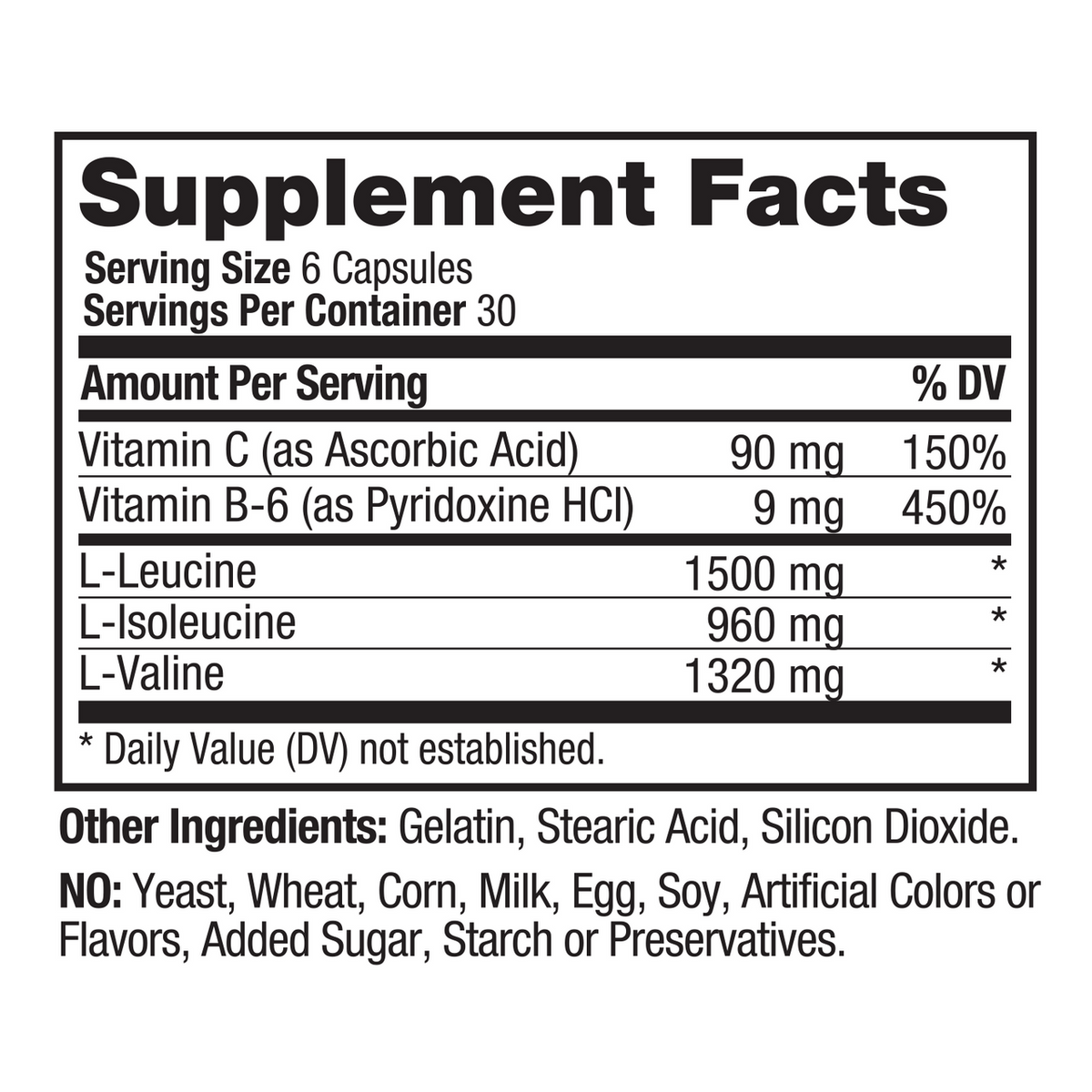 A black and white supplement facts label showing a nutrition table with Vitamin C, Vitamin B-6, L-Leucine, L-Isoleucine, and L-Valine, plus other ingredients listed at the bottom.