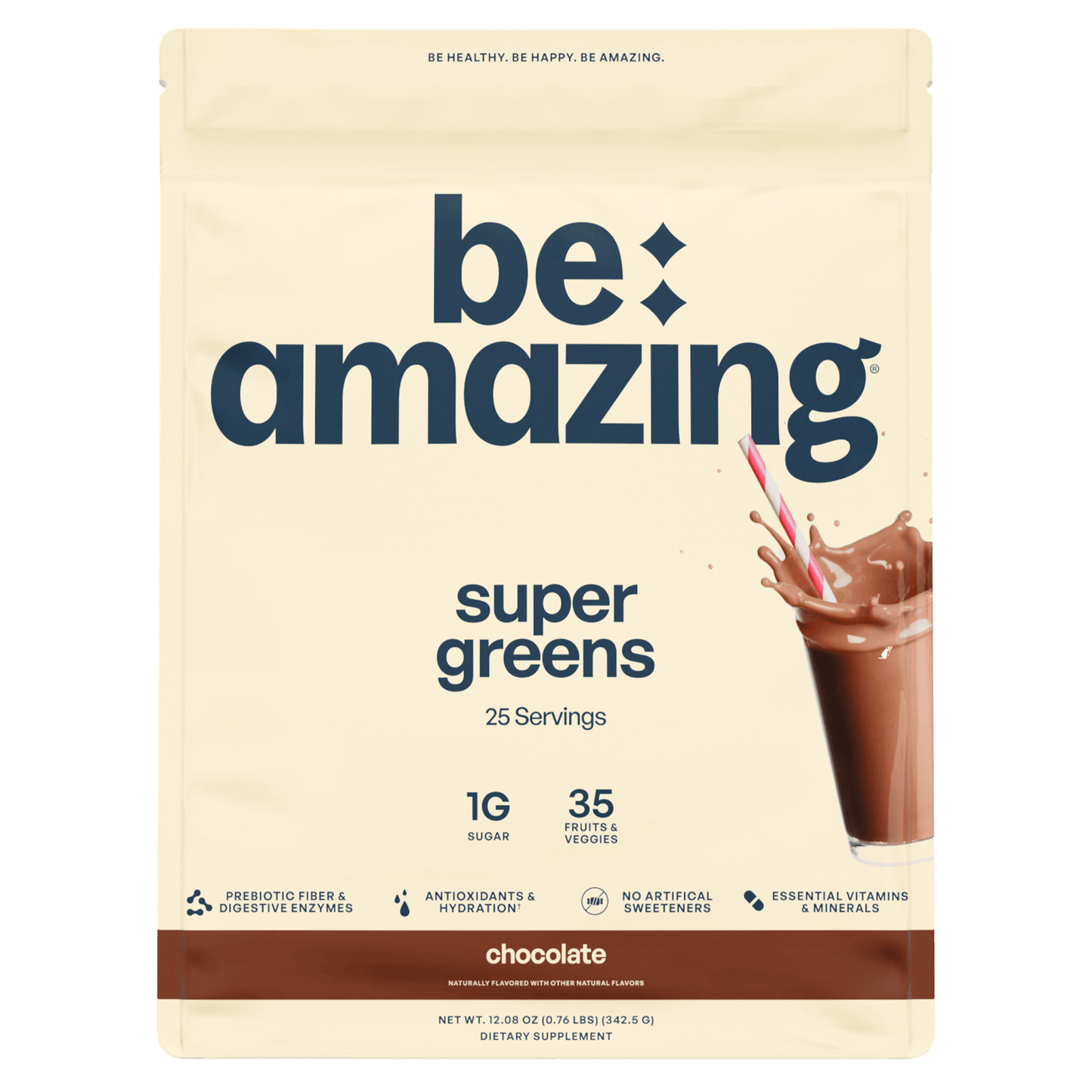 Be amazing super greens packaging with a chocolate flavor claim on a beige background