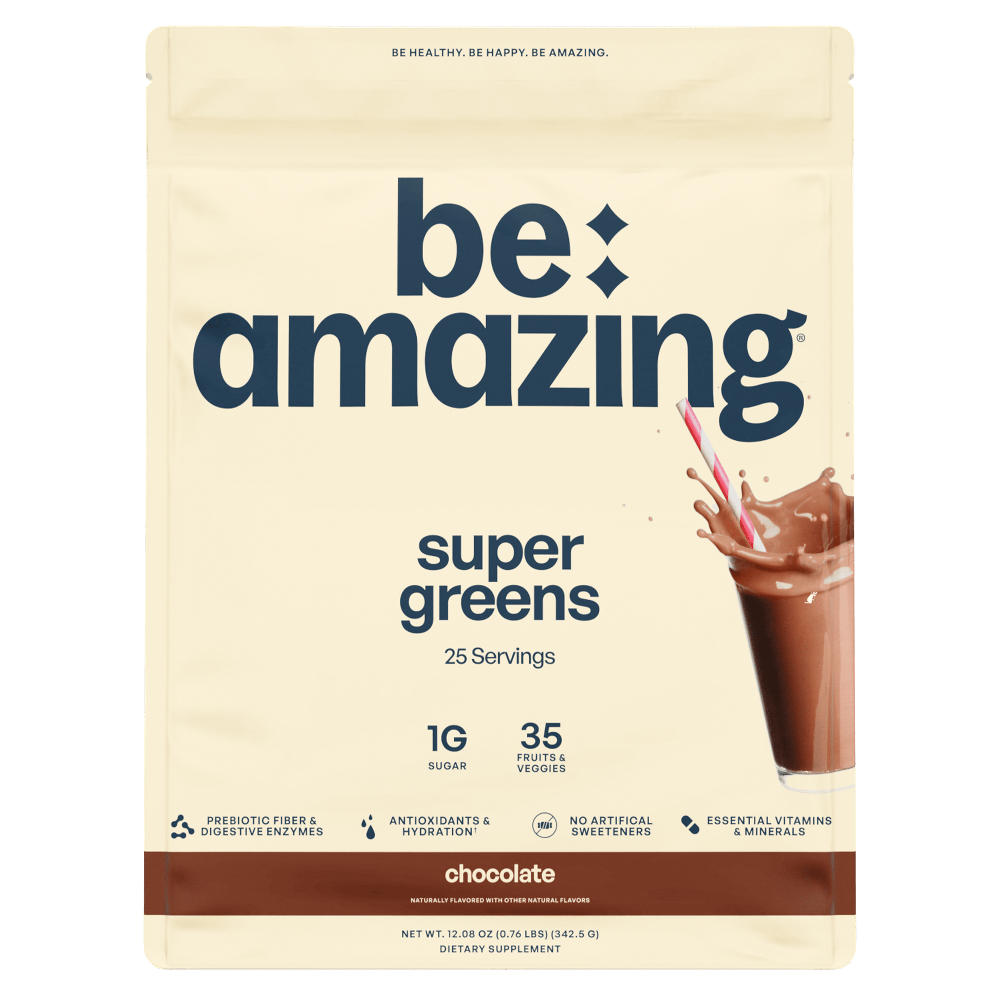 Be amazing super greens packaging with a chocolate flavor claim on a beige background
