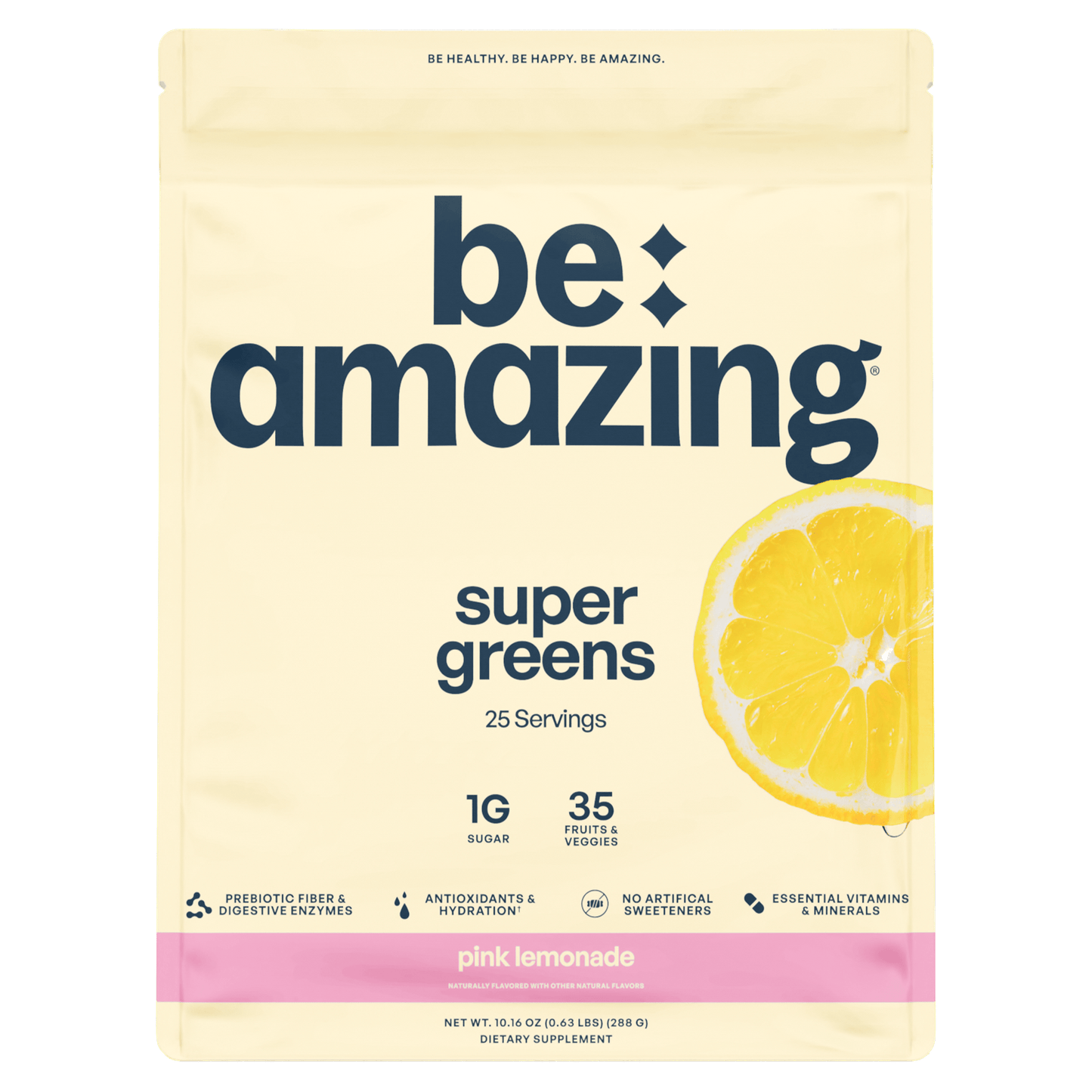 Be amazing super greens package with lemon illustration on a green background