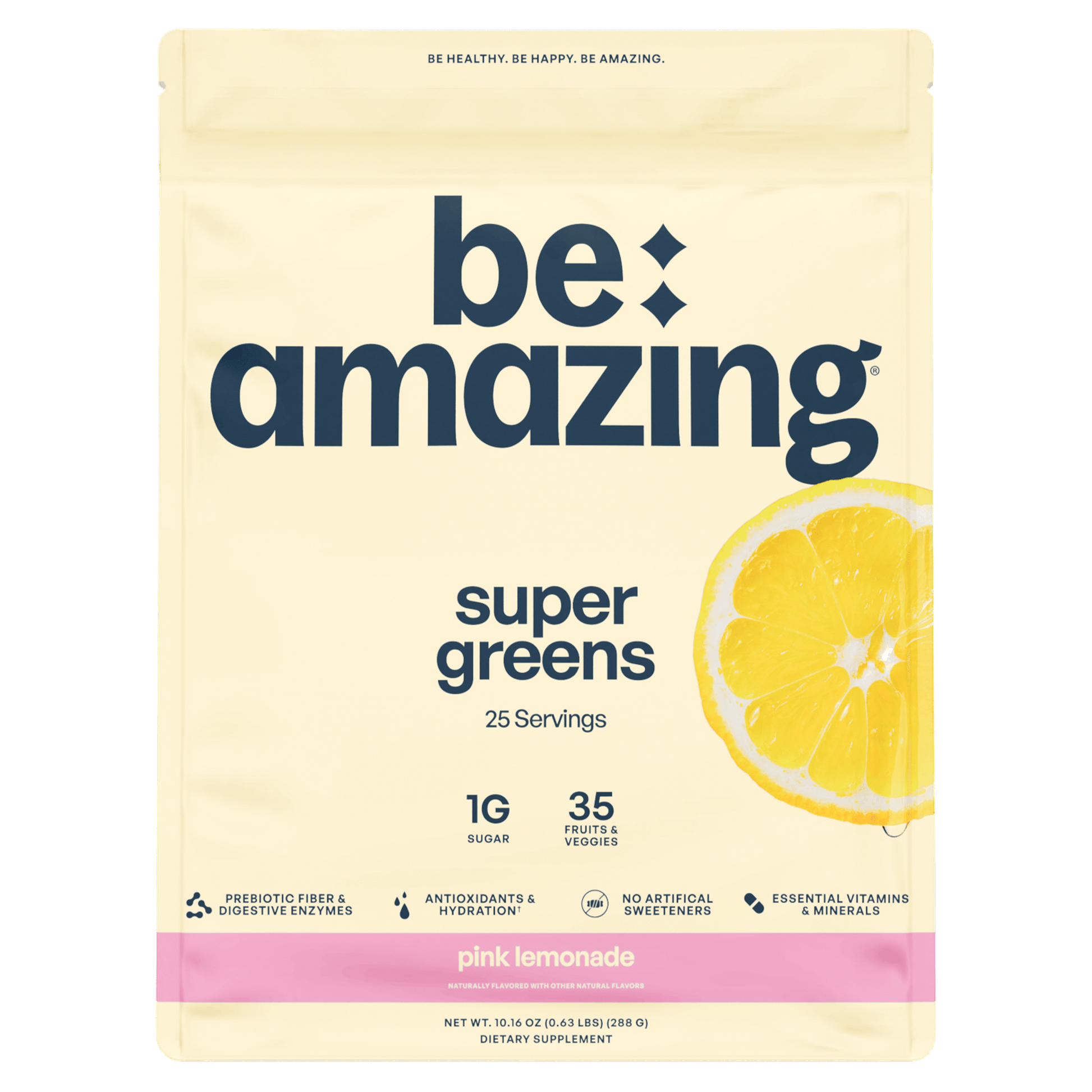 Be amazing super greens package with lemon illustration on a green background