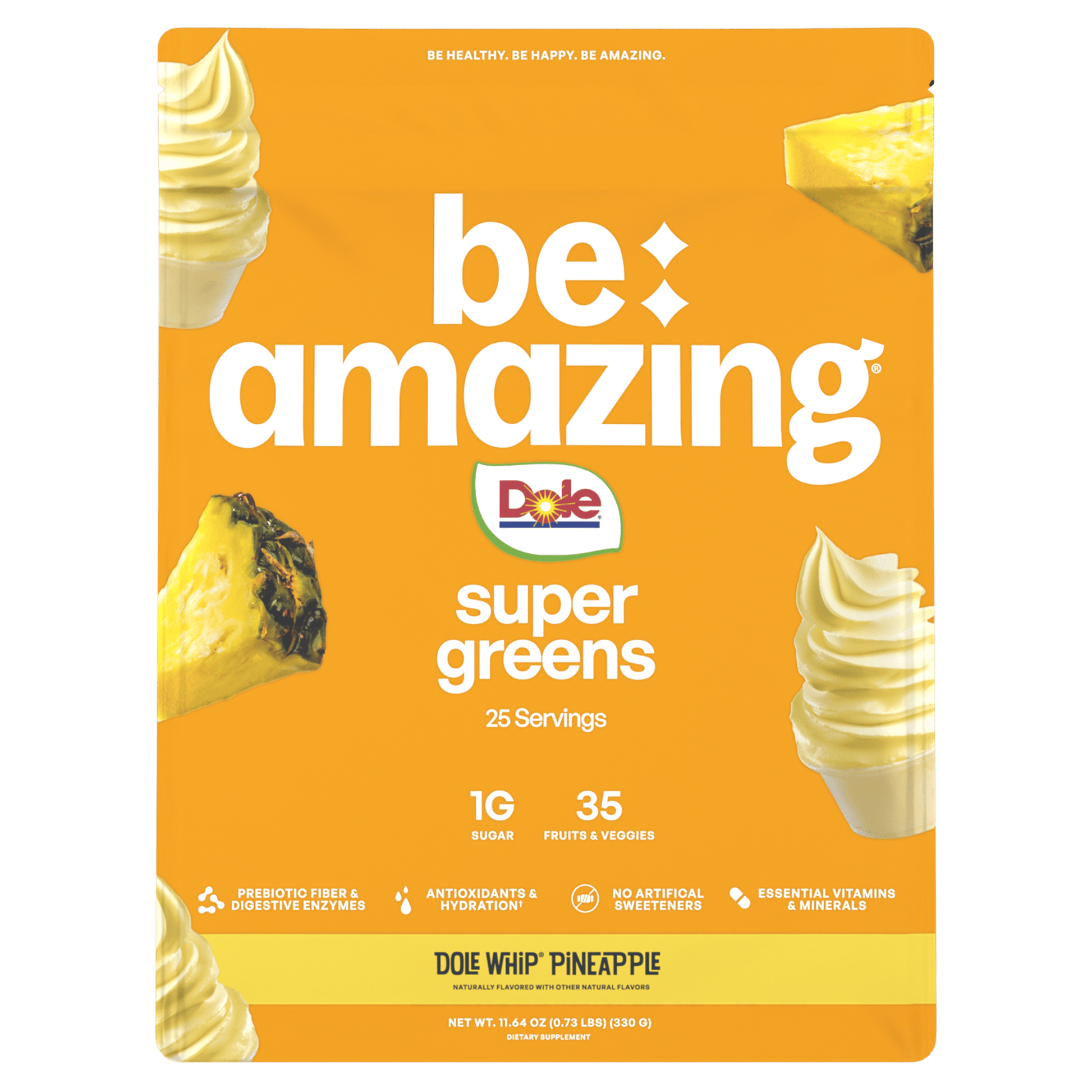 Dole Whip Pineapple super greens package with 'be amazing' text on an orange background