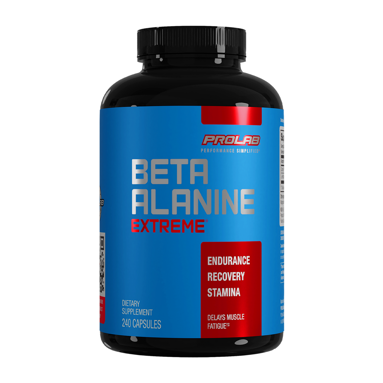 A black bottle of ProLab Beta Alanine Extreme dietary supplement with a blue and red label, shown on a plain white background.