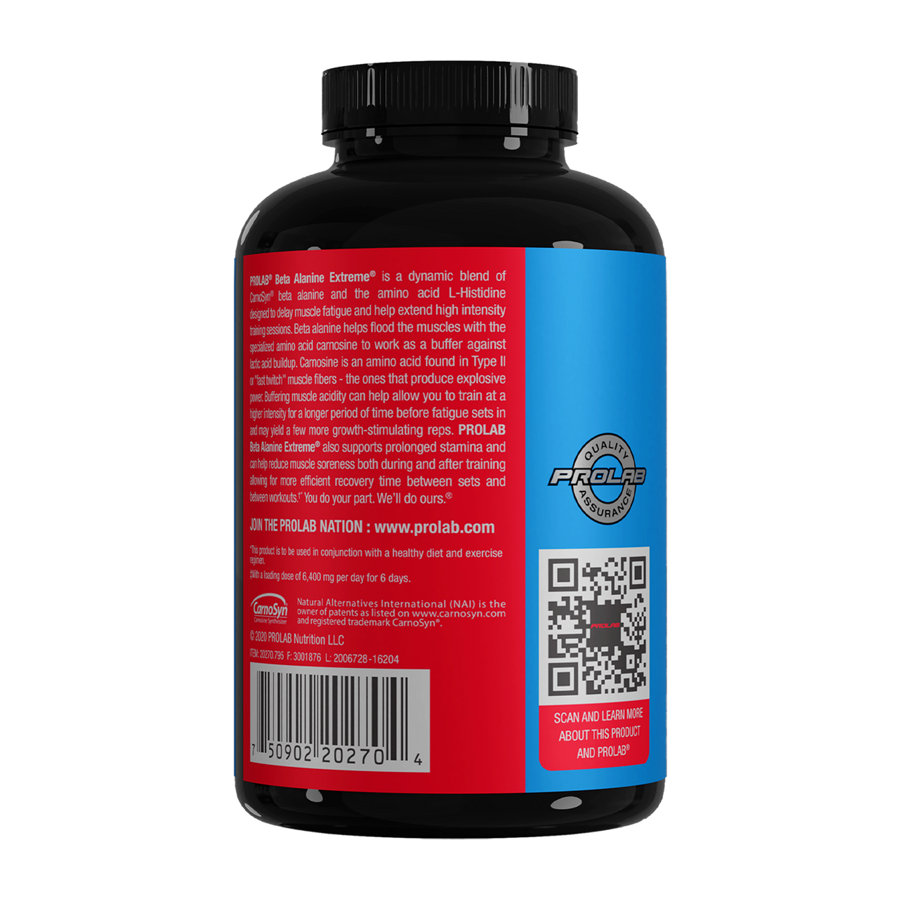 Back view of a black supplement bottle with a red and blue label, showing product details, QR code, and barcode on a white background.
