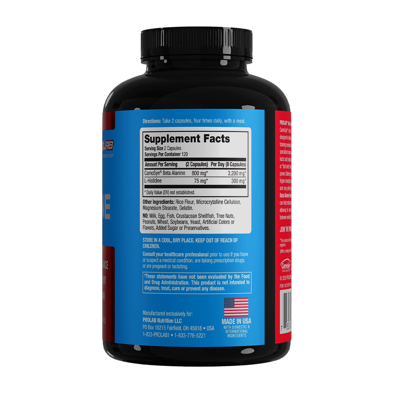 A black plastic bottle of dietary supplements shown from the back, featuring a prominent blue label with Supplement Facts, a black cap, and red side panels on a white background.