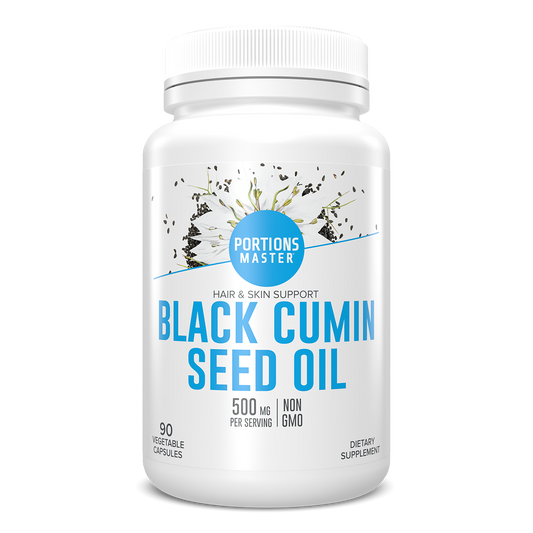 Supplement bottle labeled 'Black Cumin Seed Oil' on a white background