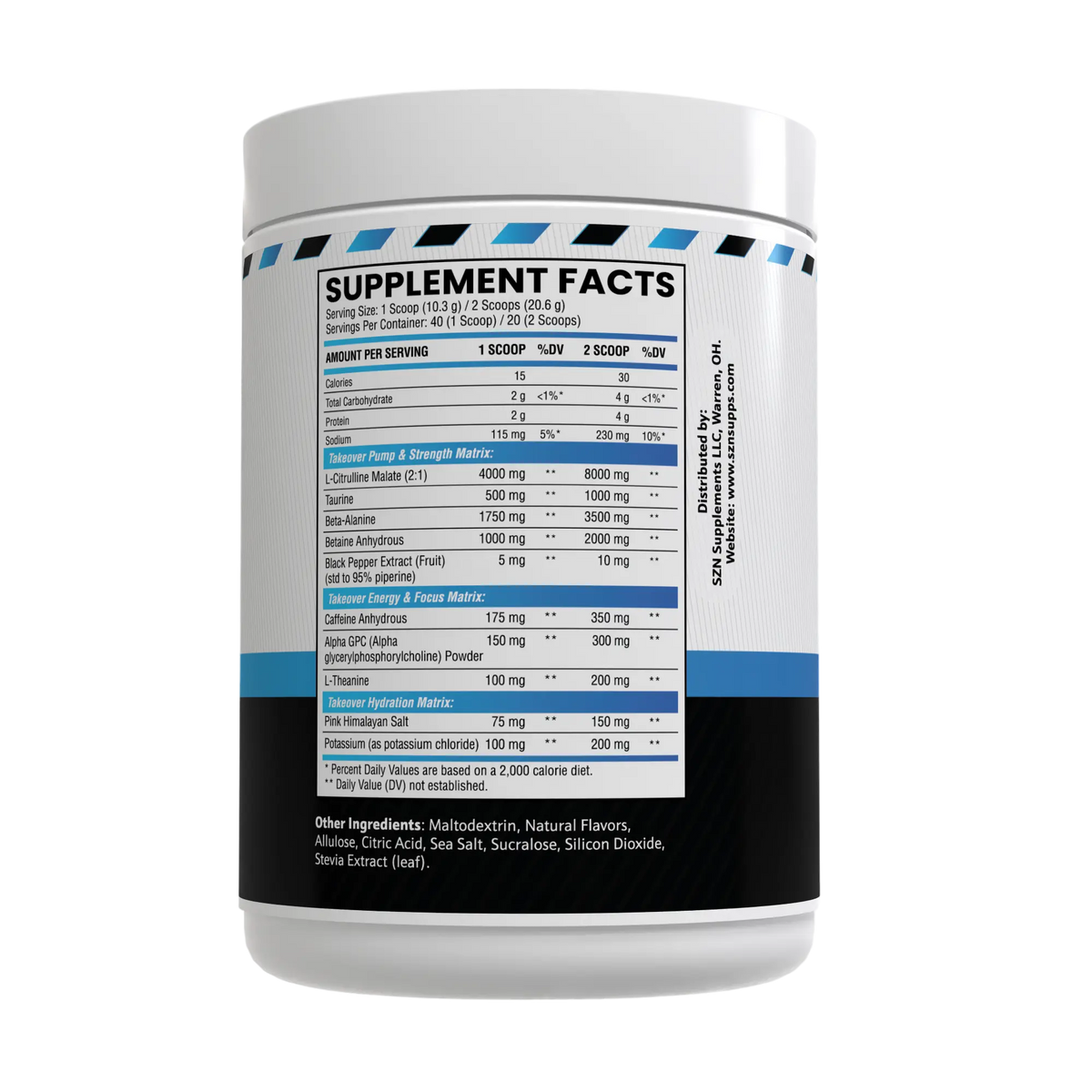 Supplement container with a detailed supplement facts label on a white background