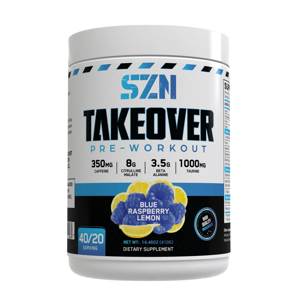 Pre-workout supplement container labeled 'Takeover' with blue raspberry lemon flavor on a white background