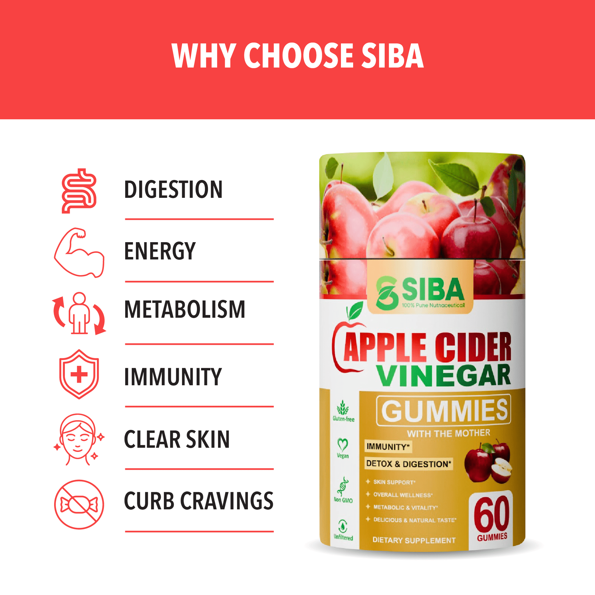SIBA Apple Cider Vinegar Gummies packaging with health benefits listed on a white background