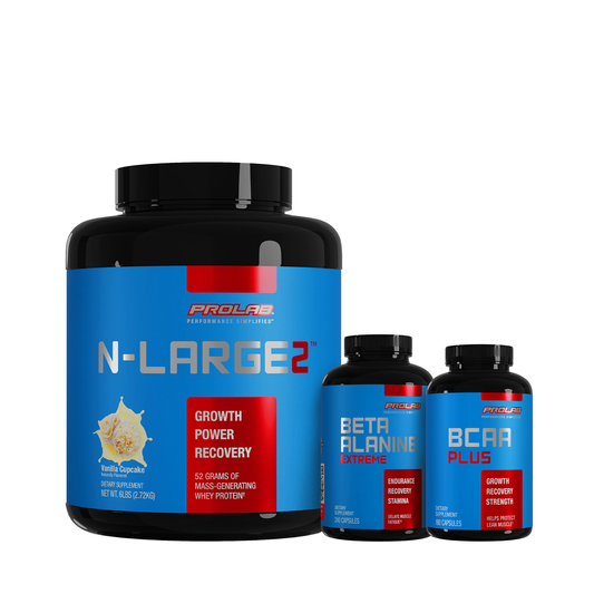 Three ProLab sports supplement containers on a white background: a large black tub labeled N-Large2 and two smaller black bottles labeled Beta Alanine Plus and BCAA Plus, all with blue and red labels.