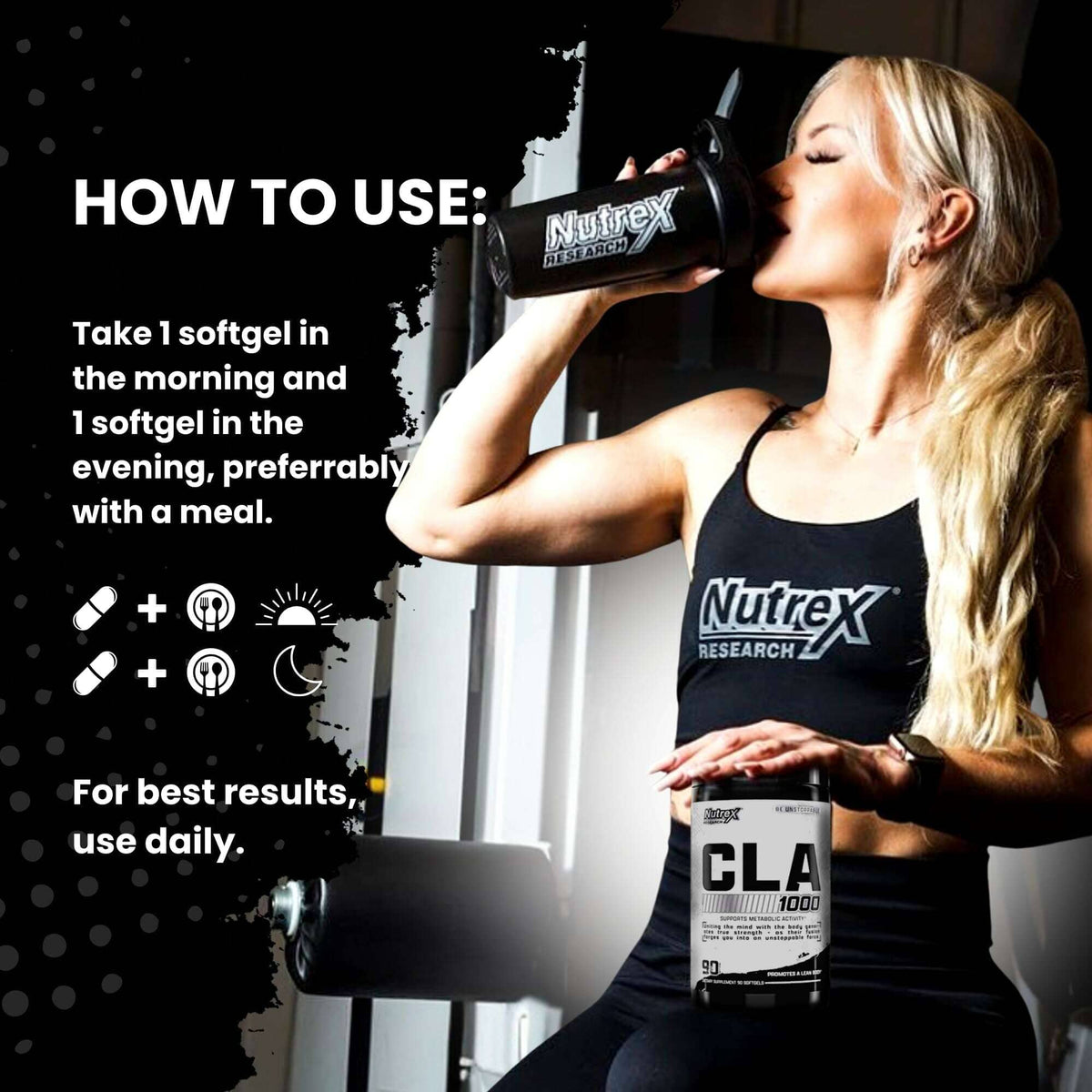 A woman in a gym setting drinking from a black Nutrex shaker bottle, wearing a black Nutrex Research sports tank top and holding a black supplement tub labeled CLA 1000. The left side features a black graphic panel with white text detailing how to use the product.
