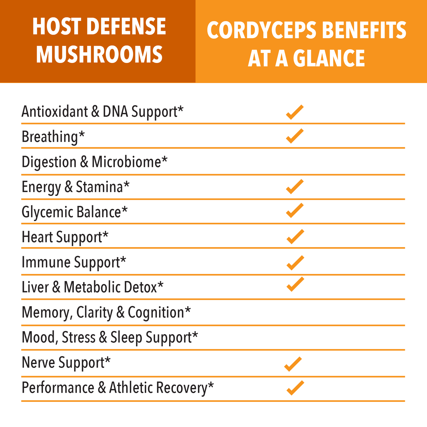 List of cordyceps benefits with checkmarks on a white background