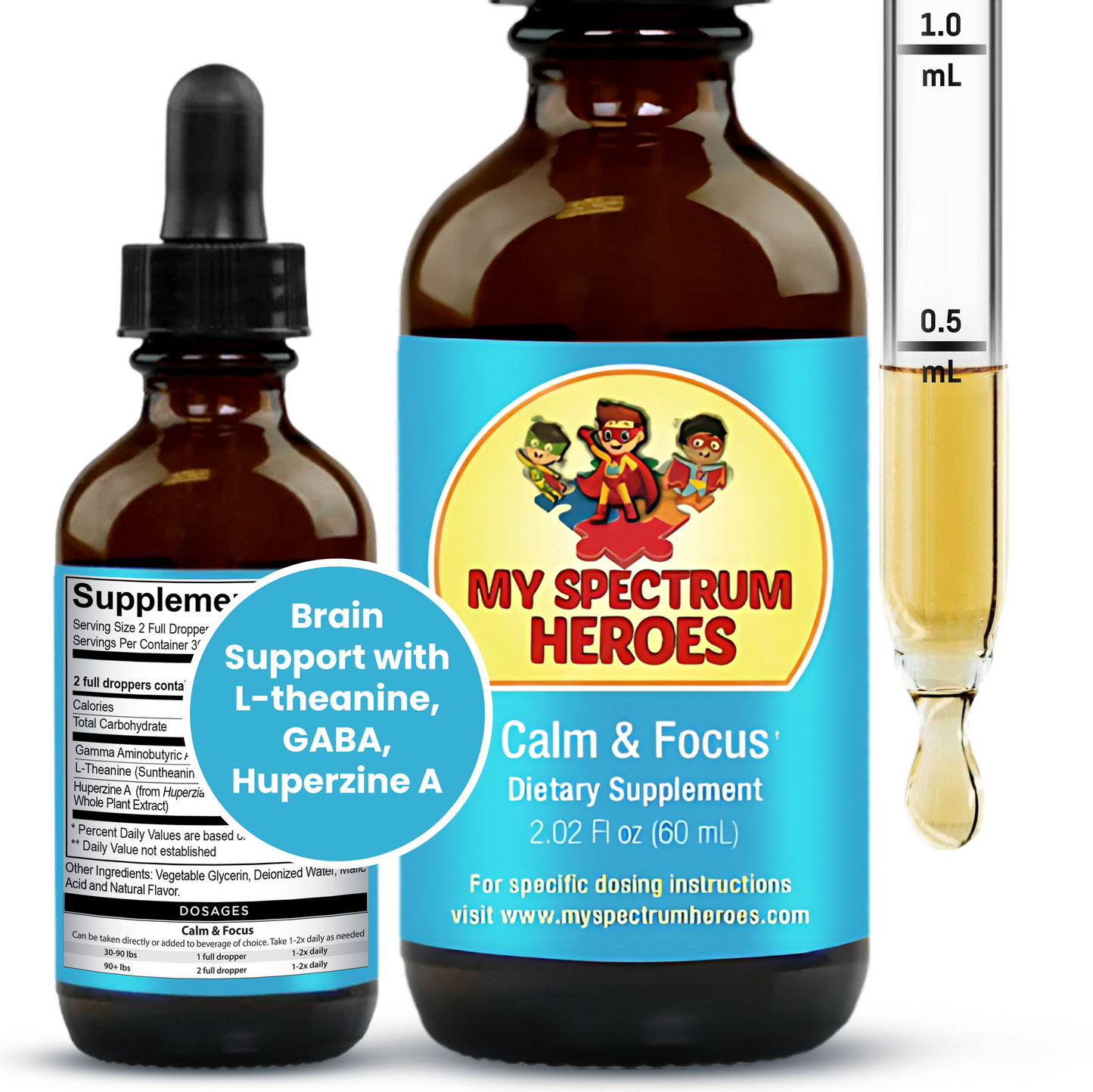 My Spectrum Heroes Calm & Focus dietary supplement bottle with dropper and label details.