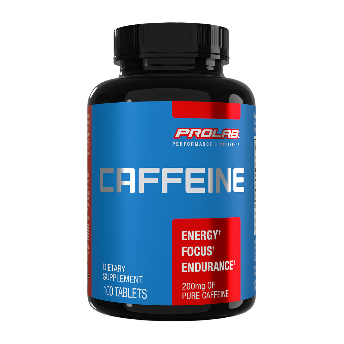 A black plastic bottle of Prolab Caffeine dietary supplement with a blue and red label, containing 100 tablets.