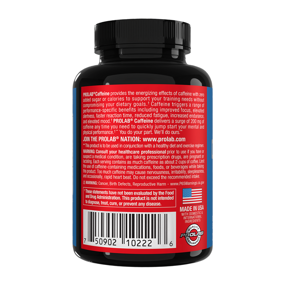 Back view of a black plastic bottle of Prolab caffeine dietary supplement, showing the red and white label with barcode, text, and a Made in USA seal on a white background.