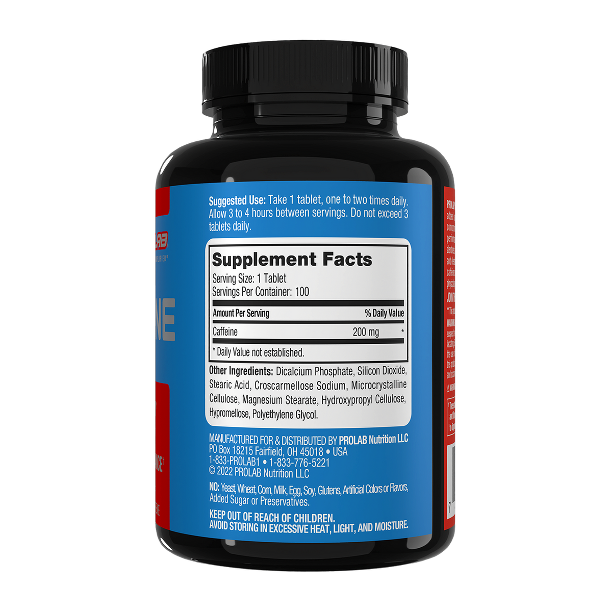 A black plastic bottle of dietary supplements with a black ribbed cap, featuring a blue label with white text. The label prominently displays the 'Supplement Facts' panel, with 'ProLabs' visible as the manufacturer/distributor brand at the bottom.